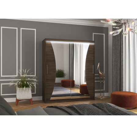 Šatní skriňa s posuvnými dverami, zrkadlom a LED osvetlením CHARLOTTE 180 Choco+Choco