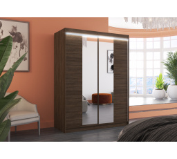 Šatní skriňa s posuvnými dverami, zrkadlom a LED osvetlením FEVER 150 Choco+Choco
