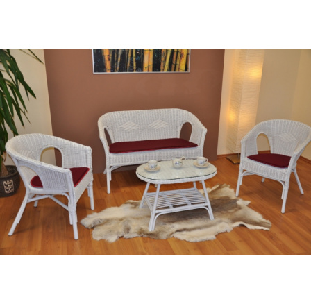 Ratanová pohovka Fabion veľká biela s bordovými vankúšikmi