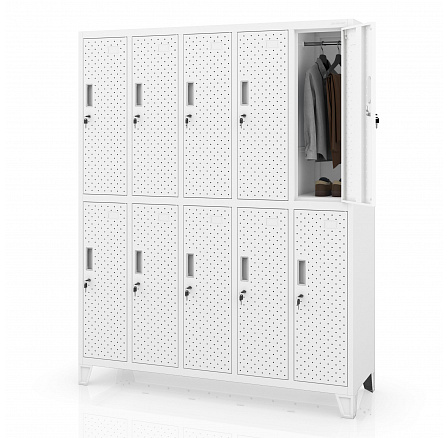 Šatníková skriňa BHP, priehradková, perforovaná, 10 priehradiek, biela, 1360x1720x450 mm: BARTEK PRO Šatníková skriňa BHP, priehradková, perforovaná, 10 priehradiek, biela, 1360x1720x450 mm: BARTEK PRO