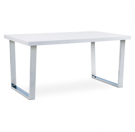 Jedálenský stôl 150x90 cm, doska z MDF, biely vysoký lesk, chrómová podnož