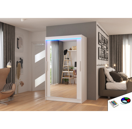 Posuvná skriňa so zrkadlom a LED osvetlením TIBAGO 120 Biela+Biela