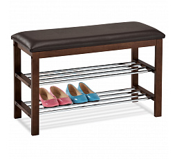 Stojan na topánky/stolička, 2 police, hnedé čalúnenie z ekokože, masívne kaučukové drevo, morenie na orech