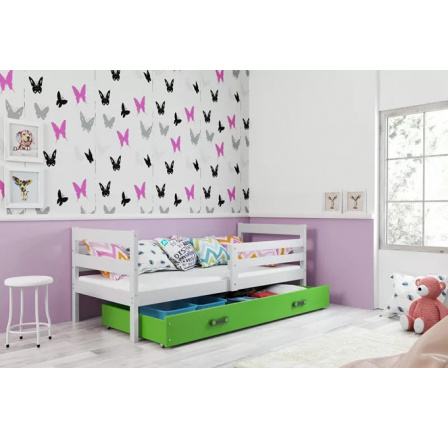 Detská posteľ ERYK 90x200 cm so zásuvkou, s matracom, Biela/Zelená