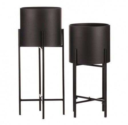 Sada 2 kovových stojanov na kvety do interiéru, okrúhle, čierne matné