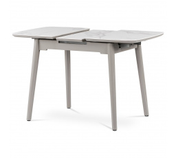 Jedálenský stôl 90+25x70 cm, biela mramorová keramická doska, masívne drevo, sivý vysoký lesk