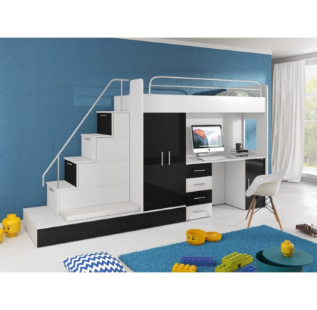 Vyvýšená posteľ PARADISE 5, Biela Čierna Lesk