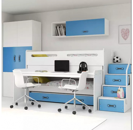 Detská poschodová posteľ s písacím stolom MAX 1 Modrá, bez matraca 80 X 200, pre 3 osoby