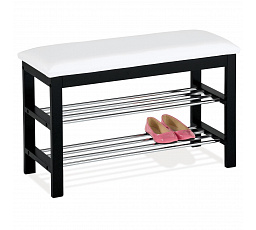 Stojan na topánky/stolička, 2 police, čalúnenie z bielej ekokože, masívne kaučukové drevo, čierny lak