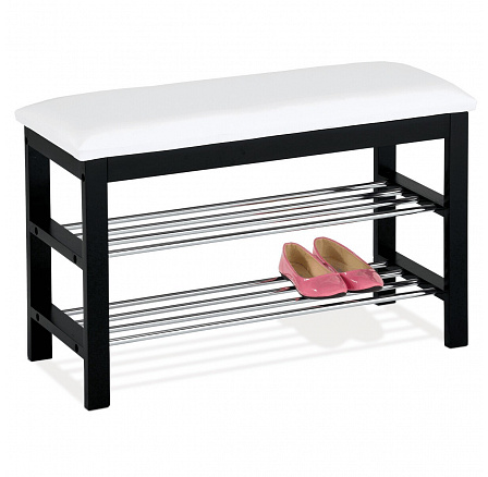 Stojan na topánky/stolička, 2 police, čalúnenie z bielej ekokože, masívne kaučukové drevo, čierny lak Stojan na topánky/stolička, 2 police, čalúnenie z bielej ekokože, masívne kaučukové drevo, čierny lak