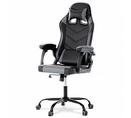 Herné kreslo, sivá a čierna ekokoža, hojdací mech., operadlo 135°