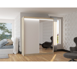 Šatní skriňa s posuvnými dverami, zrkadlom a LED osvetlením VIKI 180 Sonoma+Biela