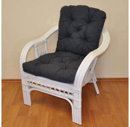 Ratanové kreslo Rio De Janeiro biele - poduška tmavo sivý melír