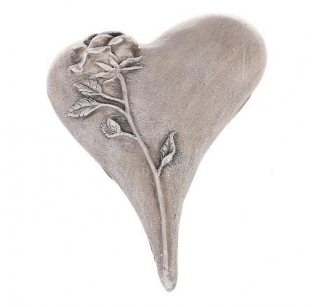 Srdce zaoblené s růží - polyresin, šedé