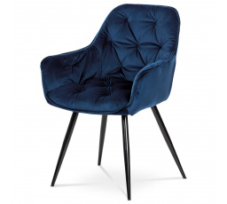 Jedálenská stolička, koralovo modrá zamatová látka, kovová štvornohá podnož, matná čierna