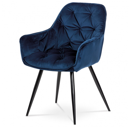 Jedálenská stolička, koralovo modrá zamatová látka, kovová štvornohá podnož, matná čierna