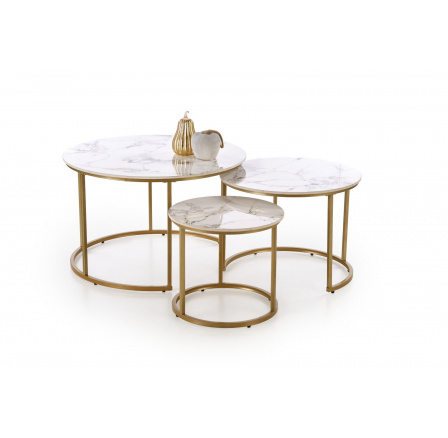 Konferenčné stolíky GILDA sada 3, efekt bieleho mramoru / zlatý