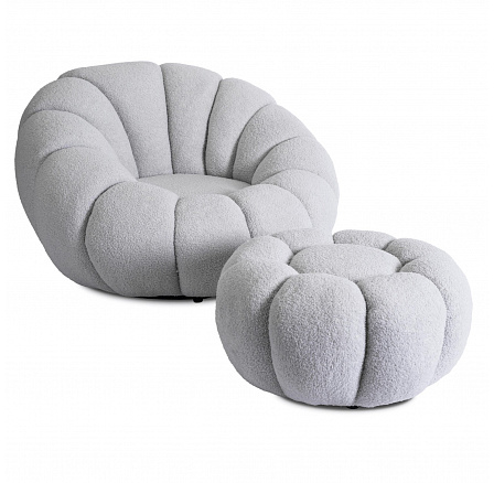 Otočné Relaxačné Kreslo PETTIT s Taburetom Sivá Boucle Otočné Relaxačné Kreslo PETTIT s Taburetom Sivá Boucle