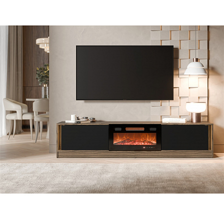 TV komoda MIZU s elektrickým krbom a osvetlením, čierna / orech