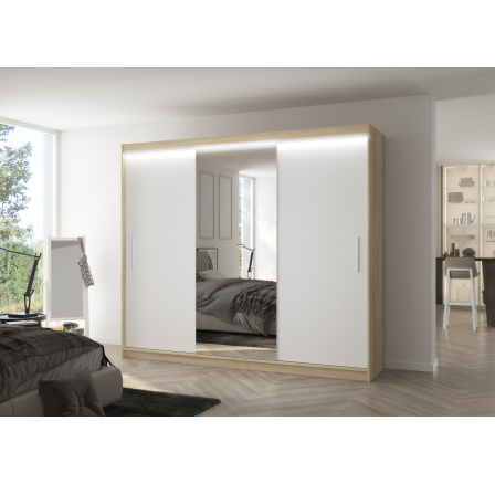 Posuvná skriňa so zrkadlom a LED osvetlením DENIS 250 Sonoma+Biela Posuvná skriňa so zrkadlom a LED osvetlením DENIS 250 Sonoma+Biela