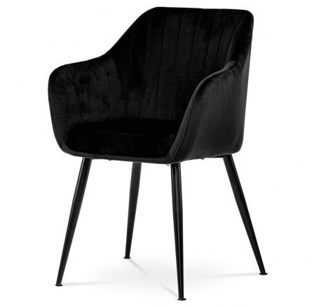 Jedálenská stolička, čierne matné zamatové čalúnenie, kovové nohy, čierny matný lak