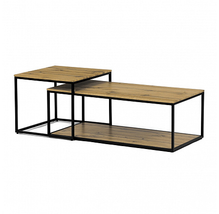 Konferenčný stôl, set 2 ks, MDF doska, dekor divoký dub, kovová podnož, čierny lak