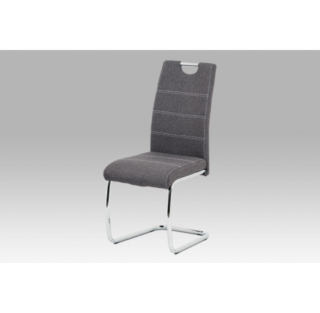 Jedálenská stolička, sivé látkové čalúnenie, biele prešitie, pochrómovaná kovová podnož