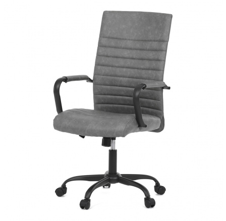 Kancelárska stolička, sivá ekokoža, hojdací mach, kolieska na tvrdú podlahu, čierny kov