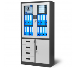 Kancelárska presklená kovová skriňa na dokumenty so zásuvkami WIOLA, 900 x 1850 x 400 mm, antracitovo-biela