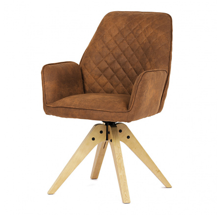 Jedálenská stolička, hnedá vintage látka, dubové nohy, otočný mechanizmus