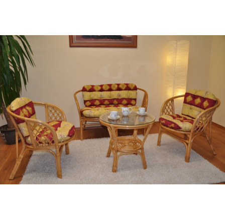 Ratanová sedacia súprava Bahama honey veľké vankúše vínový motív