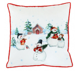 Polštář sametový s výplní, bílý - se sněhuláky, 100% polyester, 45 x 45 cm