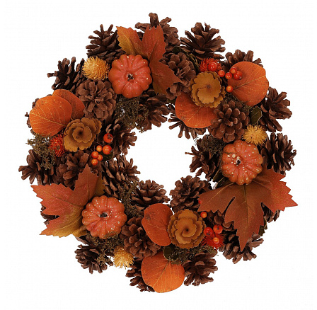 Věnec se šiškami - pr. 34 cm, bobule, oranžové dýně a listí Věnec se šiškami - pr. 34 cm, bobule, oranžové dýně a listí