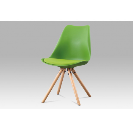 Jedálenská stolička, zelený plast, zelené sedadlo z ekokože, masívne bukové nohy