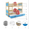 Detská poschodová posteľ RICO 3 s prístelkou 90x200 cm, vrátane matracov, Prírodná/Modrá