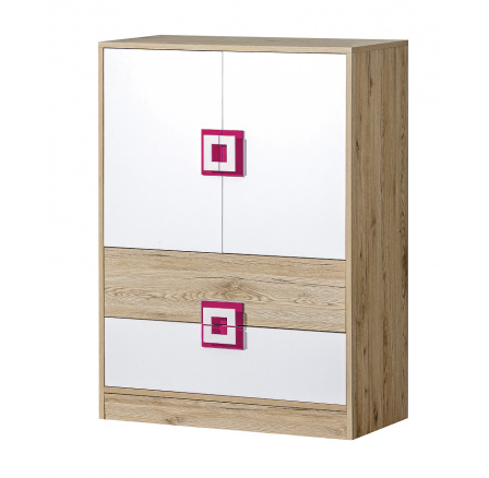 Komoda NICO 09, Svetlý Dub/Biela/Ružová