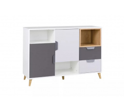 Komoda POKER R7, Biela/Grafit/Dub lefkas/Sivá