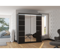 Posuvná skriňa so zrkadlom a LED osvetlením TRAVES 180 Čierna+Čierna