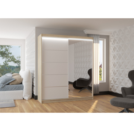 Posuvná skriňa so zrkadlom a LED osvetlením CARO 180 Sonoma+White Posuvná skriňa so zrkadlom a LED osvetlením CARO 180 Sonoma+White