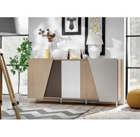 Komoda VISTE 5D scandi jedľa/truffle/toupe/biela HG