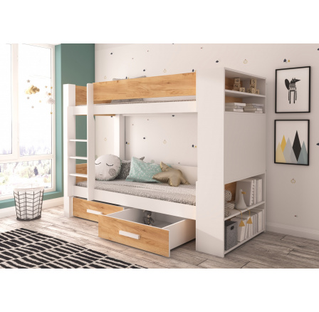 Dvojlôžková poschodová posteľ s matracmi GARET 180x80 Biela+Dub Zlatý