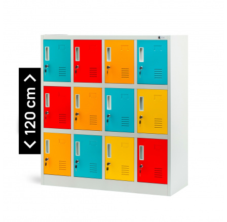 Šatní skriňa BHP pre školy a škôlky OLA, 1090 x 1200 x 450 mm, šedo-viacfarebná Šatní skriňa BHP pre školy a škôlky OLA, 1090 x 1200 x 450 mm, šedo-viacfarebná