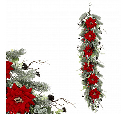 Girlanda - 105 cm, vánoční růže, jehličí, šišky a zeleň