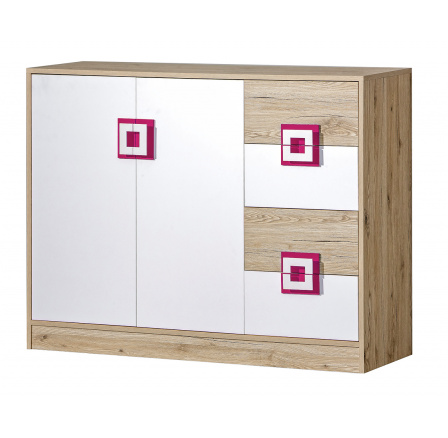 Komoda NICO 08, Svetlý Dub/Biela/Ružová