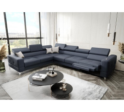 Rohová Kožená sedacia súprava s funkciou spania a , relaxU - TOSCANIA MAX 320x250 cm - modrošedá , ľavá