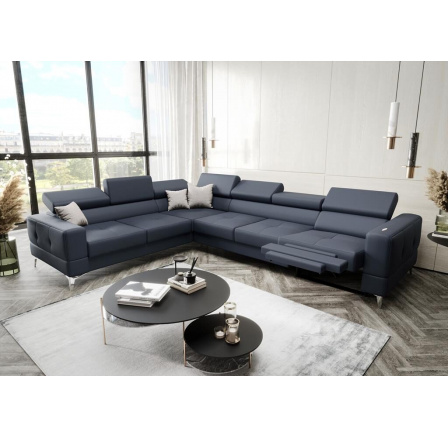 Rohová Kožená sedacia súprava s funkciou spania a , relaxU - TOSCANIA MAX 320x250 cm - modrošedá , ľavá