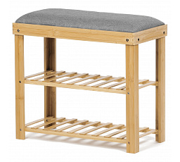 Botník / taburet, 2 police, masív bambus, prírodný odtieň, sivá látka