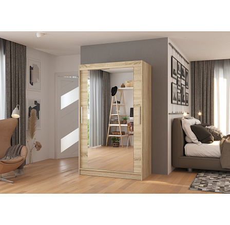 Šatní skriňa s posuvnými dverami a zrkadlom TIBAGO 120 Sonoma+Sonoma