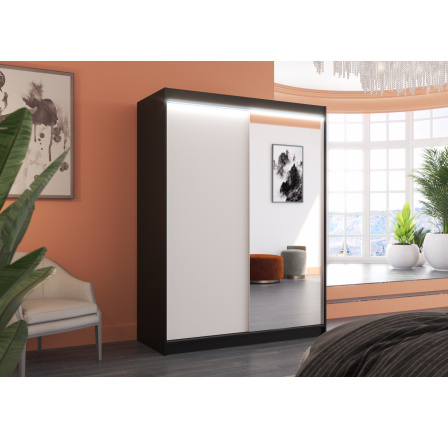 Posuvná skriňa so zrkadlom a LED osvetlením JORDI 150 Čierna+Biela