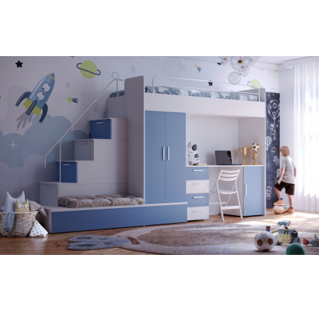 Vyvýšená posteľ PARADISE 5, Biela Modrá matná